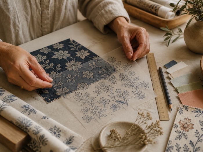 Hands working with printed cotton during checking.