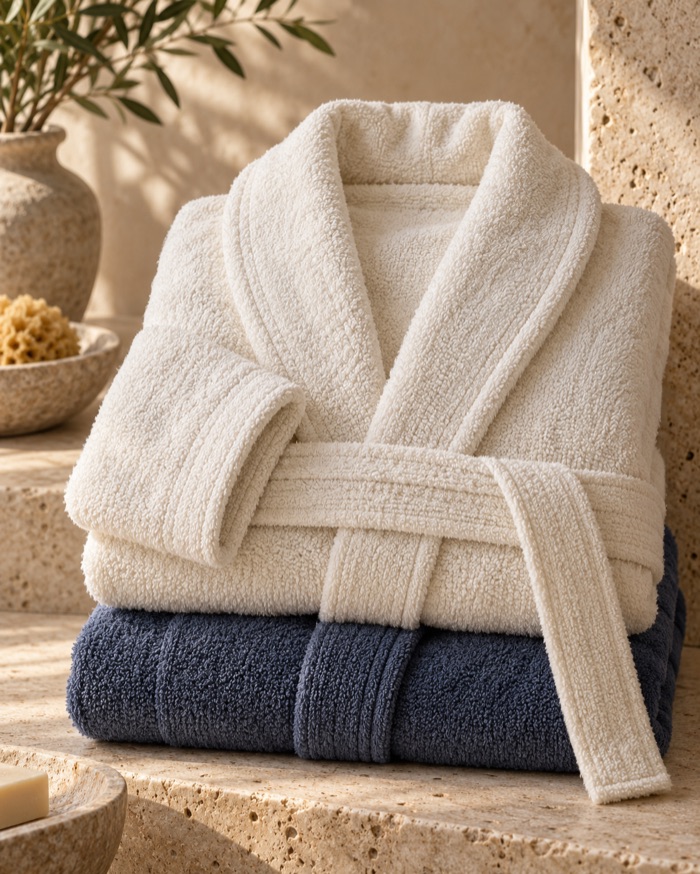 Folded ivory terry bathrobe showing its shawl collar, cuff and matching belt.
