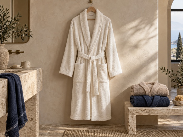 Ivory shawl-collar bathrobe beside folded sand and navy robes in a warm stone bathroom.