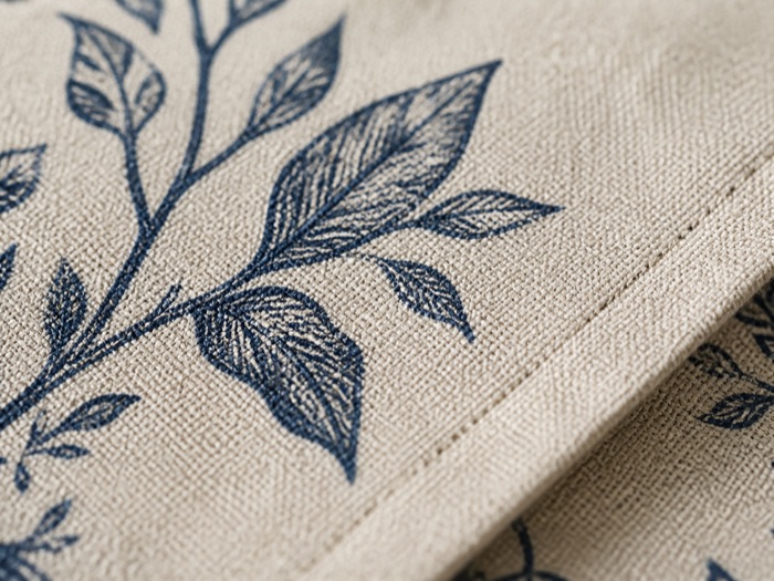 Close view of a printed cotton surface showing fine detail and colour transition.