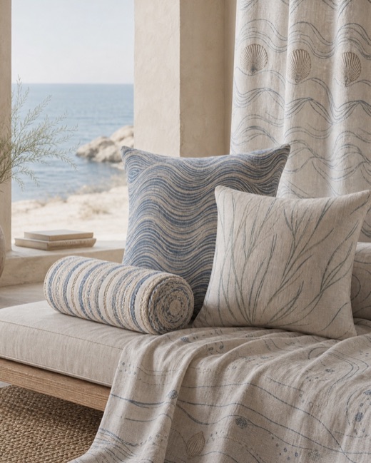 Linen cushions, bolster and curtain printed with abstract waves, scallop shells and sea grass in indigo on a natural ground.