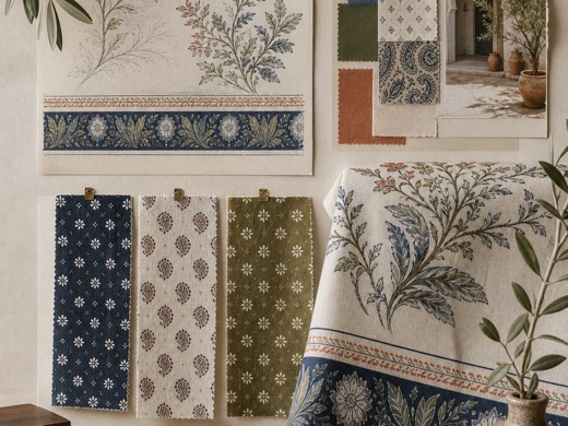A collection direction under development — palette, motifs and grounds together.