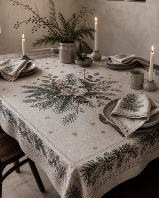 Linen tablecloth printed as an engineered panel with an evergreen centre, star motifs and a pine border, set with candles and matching napkins.