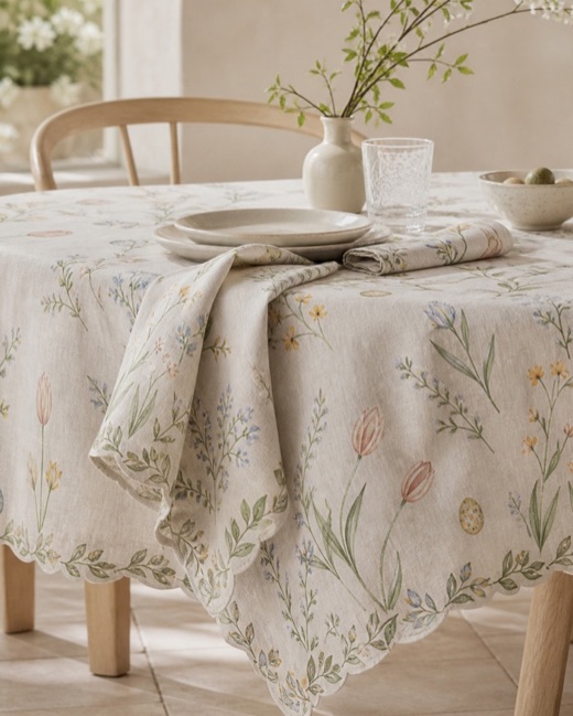 Scallop-edged linen tablecloth printed with tulips, budding stems and small egg motifs in a soft spring palette.