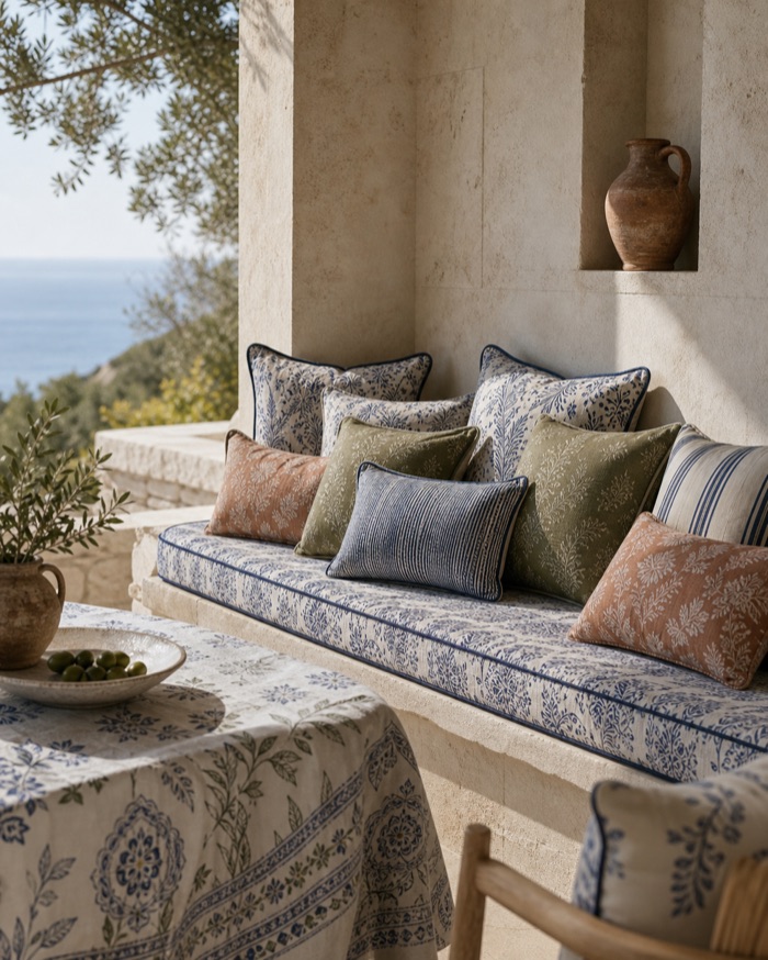 Terrace and poolside textiles on performance grounds.