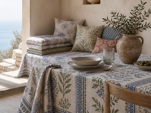 A cinematic collection scene bringing several printed textiles together.
