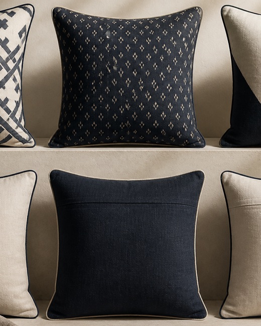 Decorative cushion constructions with piping and coordinated printed faces.