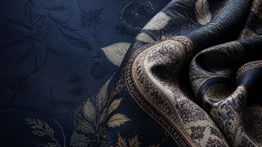Large-scale digital print on indigo cotton-linen — fine botanical drawing across the ground, with an engineered border in cream and rust where the cloth folds.