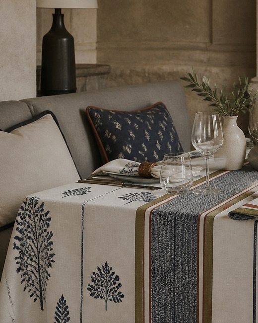 Hospitality table linen seen with banquette seating and a printed cushion.