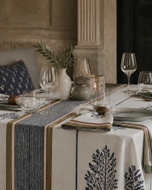 Custom printed table linen with a woven runner and folded napkins.