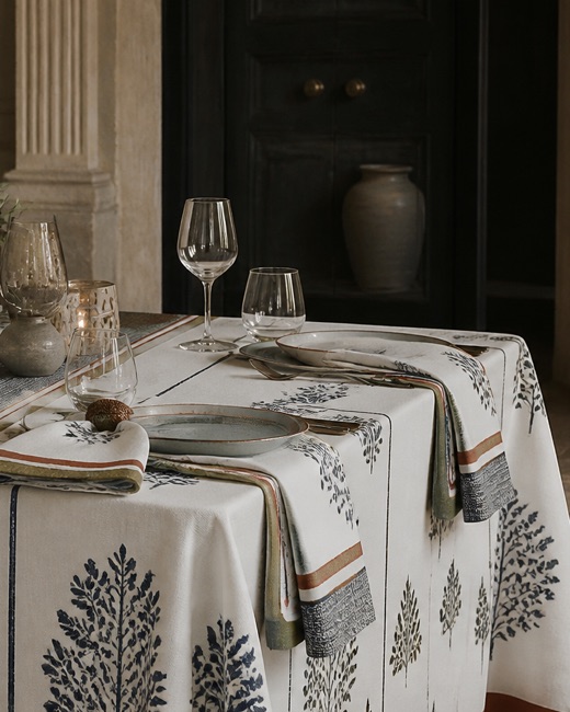 Folded napkin and printed border on a dressed restaurant table.