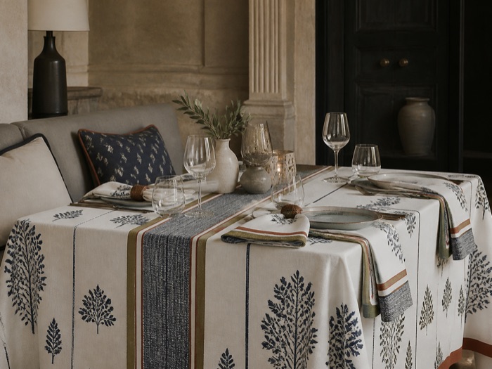 A restaurant table dressed with custom printed linen, runner and napkins.