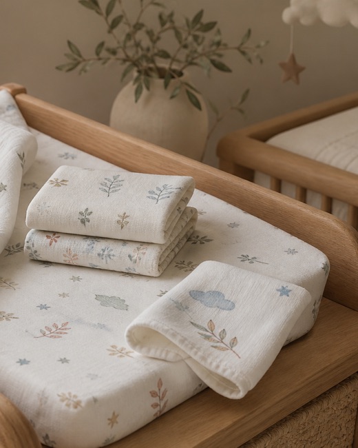 Folded printed muslin squares and a burp cloth on a wooden changing table.