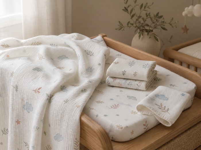 Printed double-gauze muslin swaddle, folded muslin squares and a changing mat cover in a nursery.