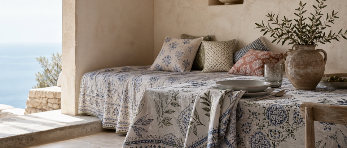 Coordinated Mediterranean printed table linen, bedding and cushions in a coastal interior.