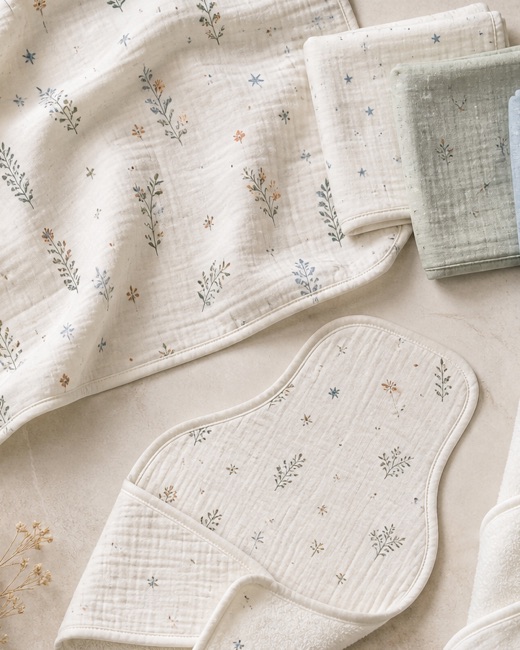 Printed muslin swaddle and burp cloth in a baby textile flat lay.