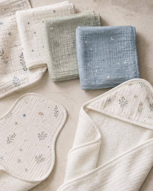 Folded muslin squares in ivory, sage and blue beside a hooded baby towel.