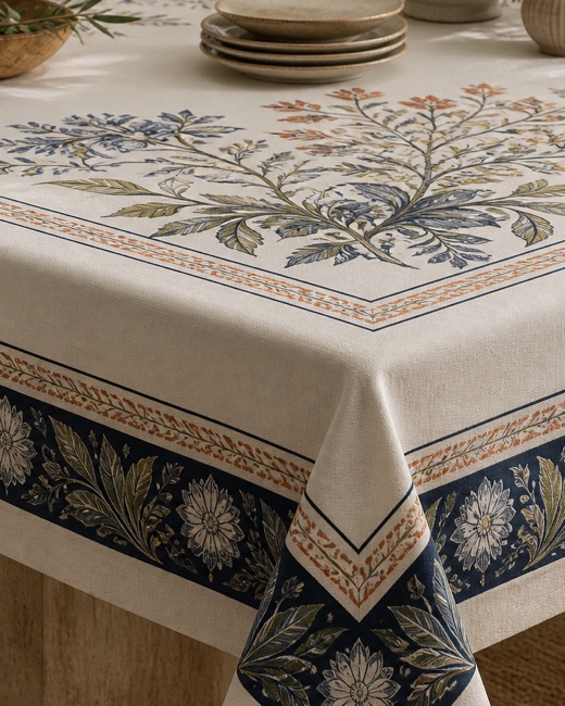 Engineered panel tablecloth border showing the corner resolution and hem.