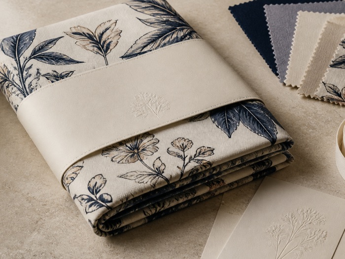 Folded printed cotton textile with unbranded packaging and an embossed leaf mark.
