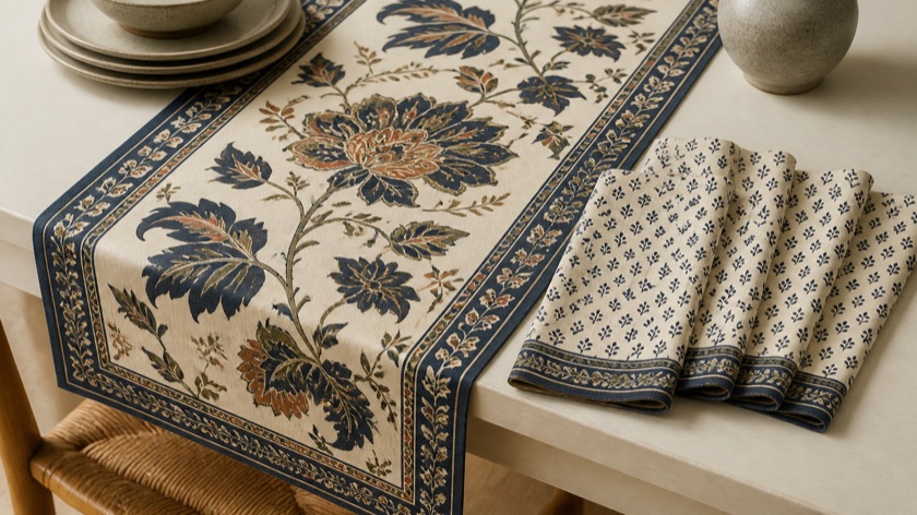 A printed table runner with matching napkins, developed as one coordinated family.