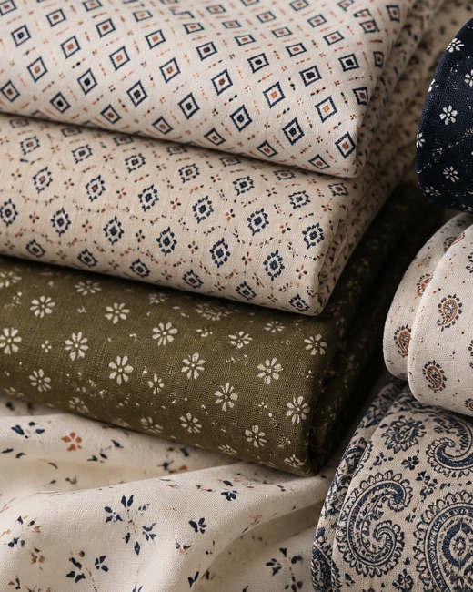 Stacked shirting qualities in indigo, olive and ivory micro prints.