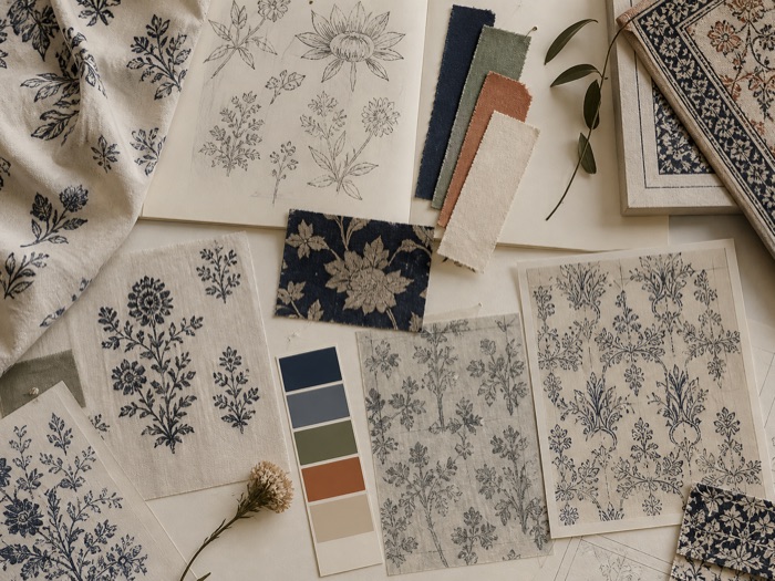 Botanical sketches, colour palette and printed cotton strike-offs arranged on a studio table.