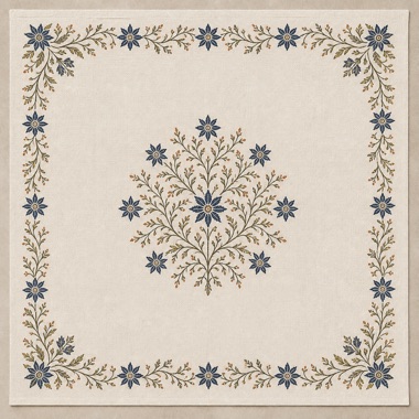 An engineered panel: the same motif built as a four-sided border with resolved corners and a centred composition.