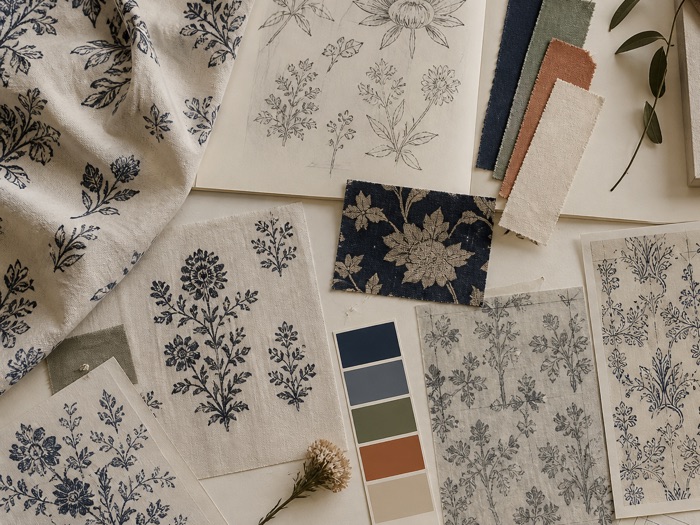 Draped printed cotton beside hand-drawn botanical sketches and fabric swatches.