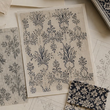 Repeat studies on tracing paper beside a navy printed cotton strike-off.