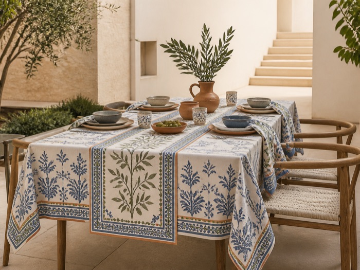 Mediterranean table setting with a printed panel tablecloth, coordinated runner and napkins.