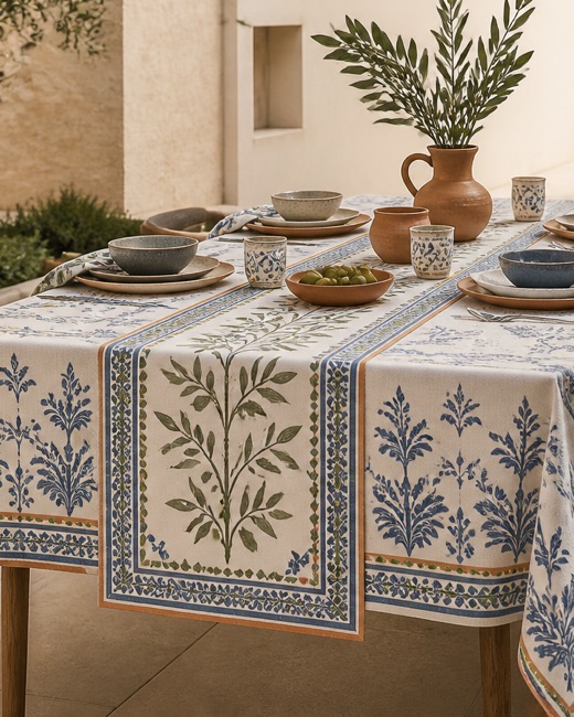 Printed panel tablecloth with engineered border, set with ceramics and olive branches.