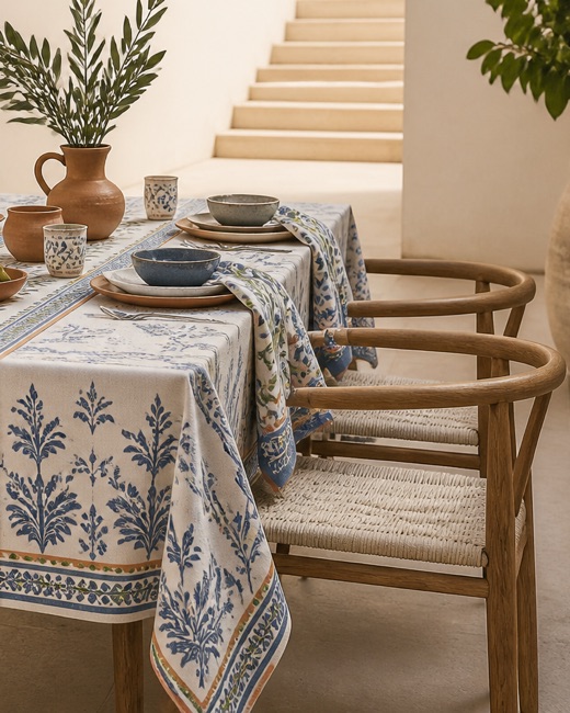 Printed napkin draped over a wooden chair beside a place setting on printed table linen.