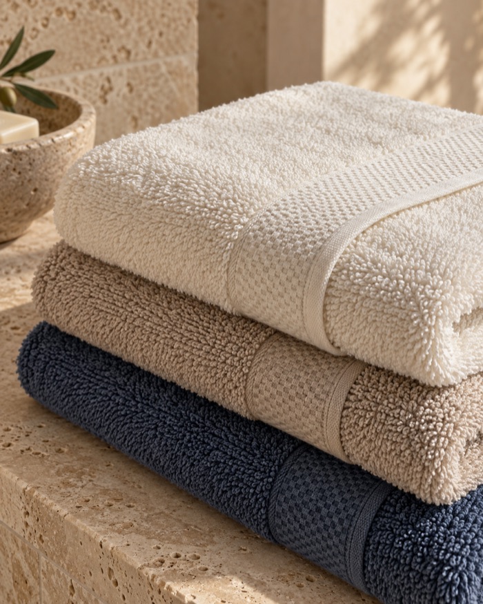 Close-up of cotton terry loops, a woven border and a neatly sewn towel hem.